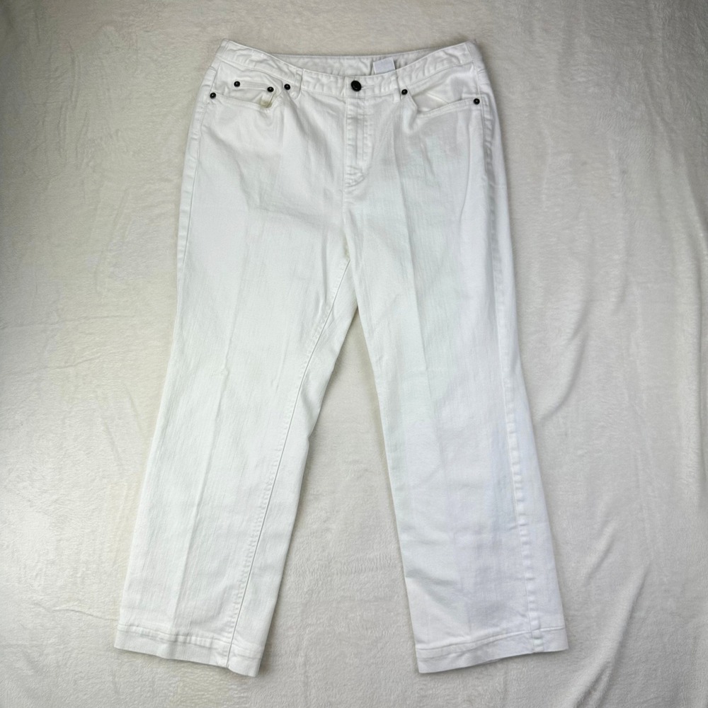 Talbots Jeans Womens Petites 12 White Straight Leg Stretch‎ Denim Red Embroidery